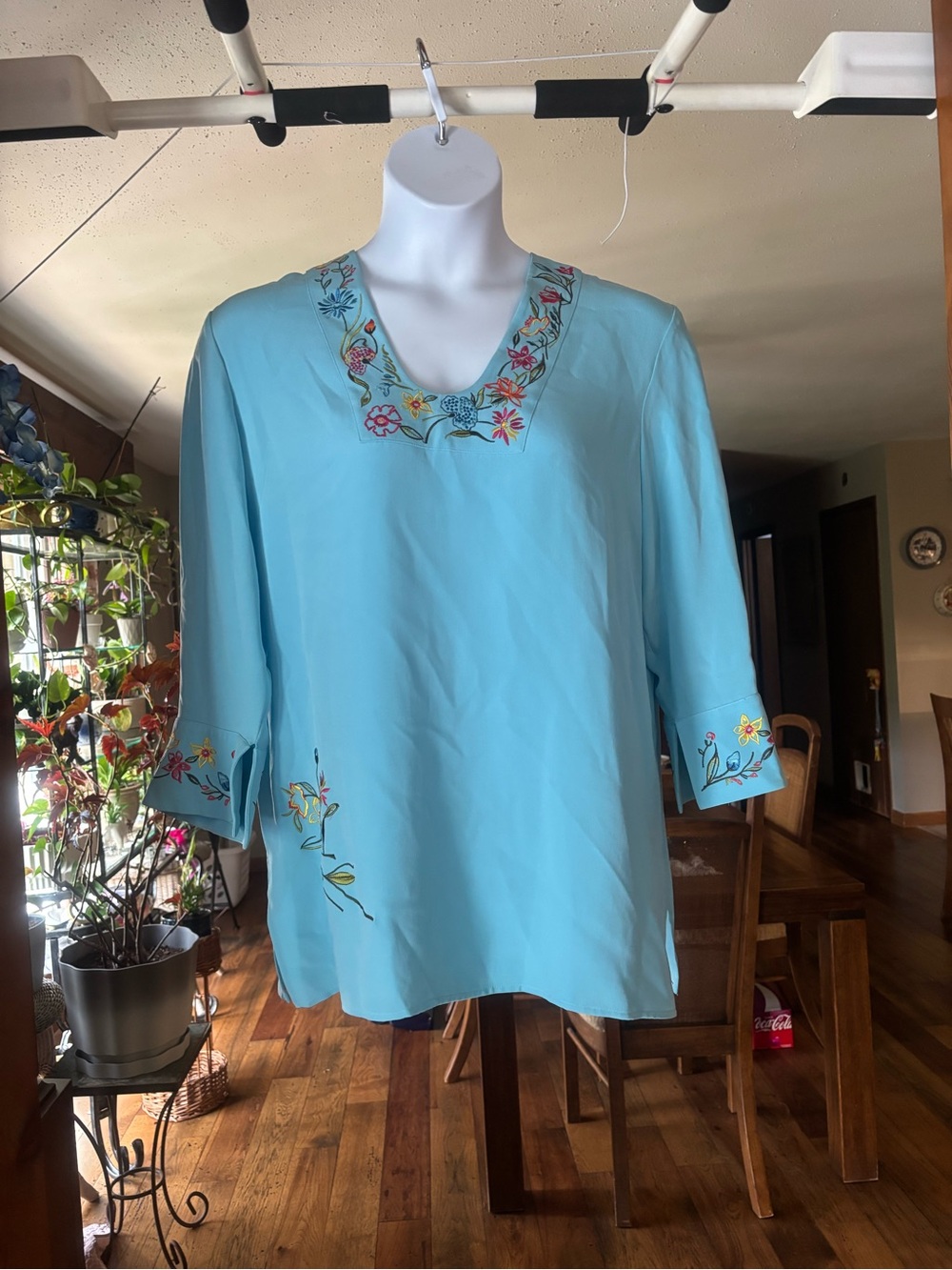 Vintage Diane Von Furstenberg Light Blue Embroidered V-Neck Women's Silk Top